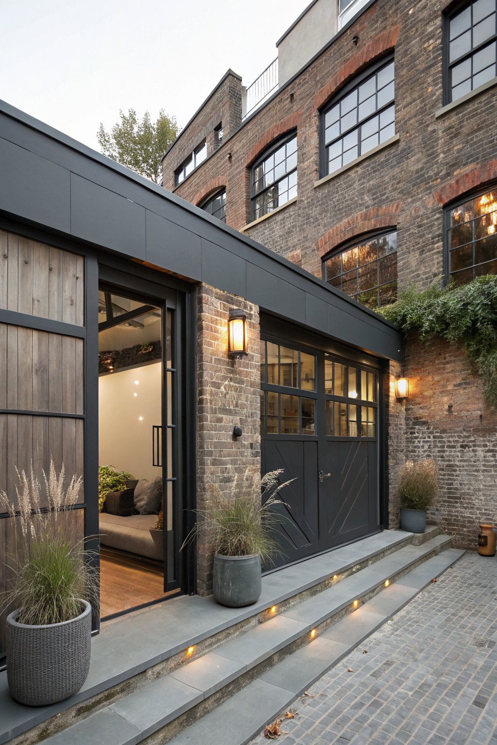 Exterior view of a brick house with large dark gray chevron-patterned garage doors, an open wooden sliding entry door, stone steps leading up, potted ornamental grasses, and ivy on the walls.