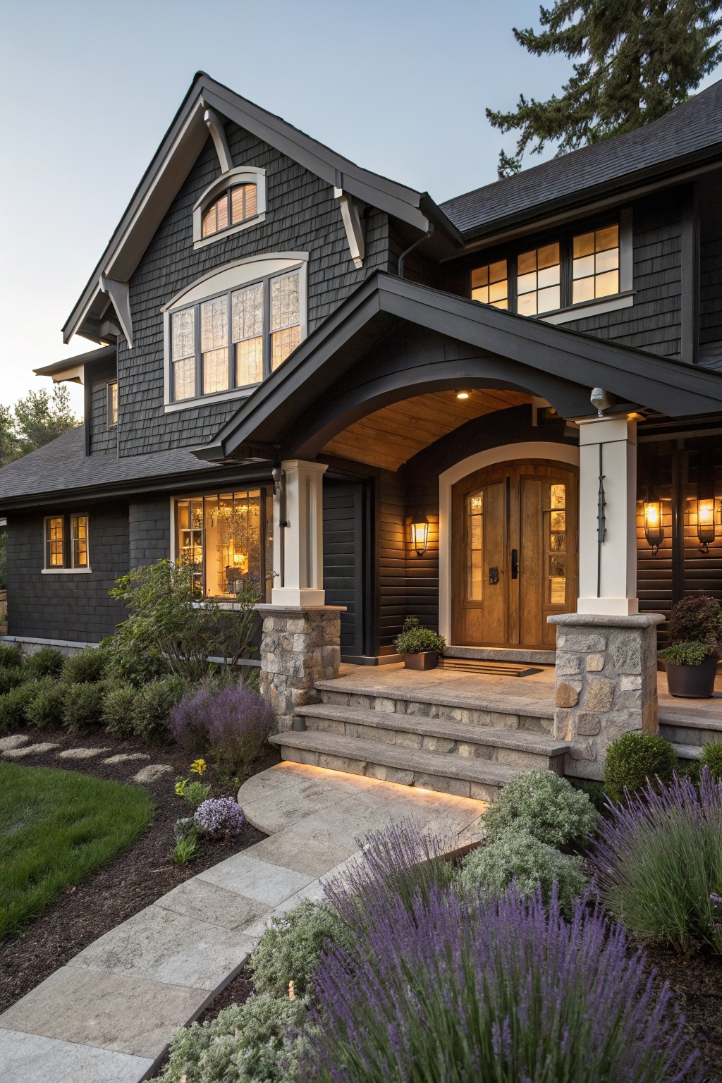Dark Gray House with Wood-Beamed Portico