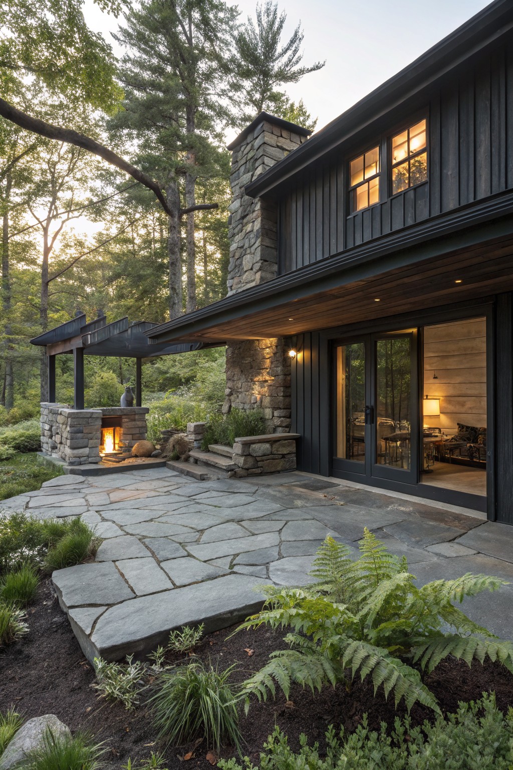 Side exterior of a two-story house with dark gray wood siding, tall stone chimney, overhanging roof, large glass doors to a covered patio, stone fire pit on flagstone pavers, ferns and trees in a forested setting.