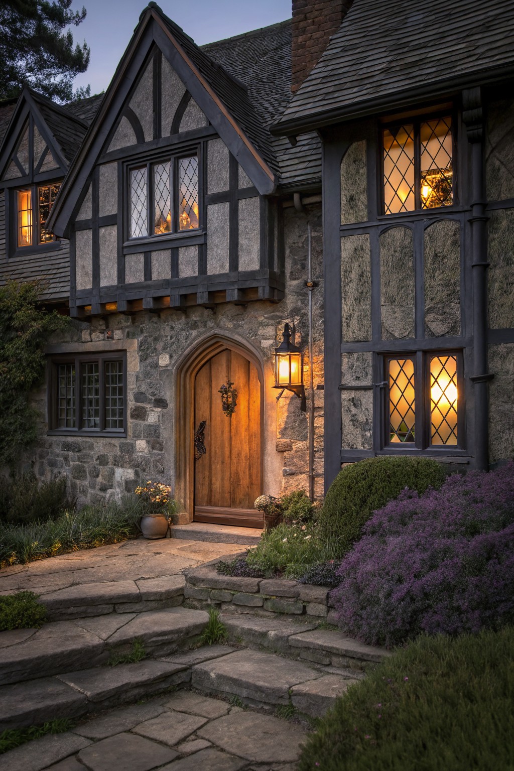 Dusk view of a Tudor-style house exterior with dark timber framing on gray stone walls, arched wooden front door with metal lantern light, leaded glass windows glowing warmly, stone steps, and purple shrubs in the landscaped entry.