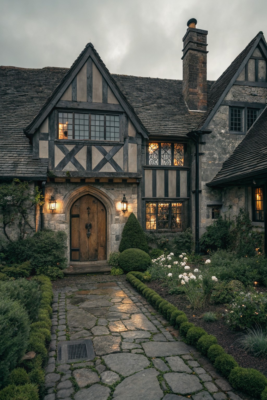 A two-story Tudor-style house exterior with dark half-timber framing on stucco and stone walls, arched wooden front door flanked by lanterns, leaded glass windows, brick chimney, formal shrub and flower gardens, and irregular stone pathway under overcast skies.