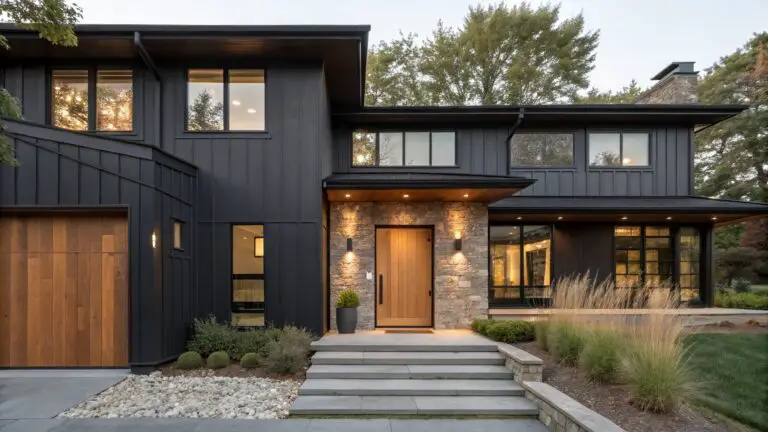 Modern house exterior with dark gray vertical board-and-batten siding, asymmetrical sloped roof, wooden front door in stone surround, large glass garage door, concrete pathway, and low landscaping along stone steps.