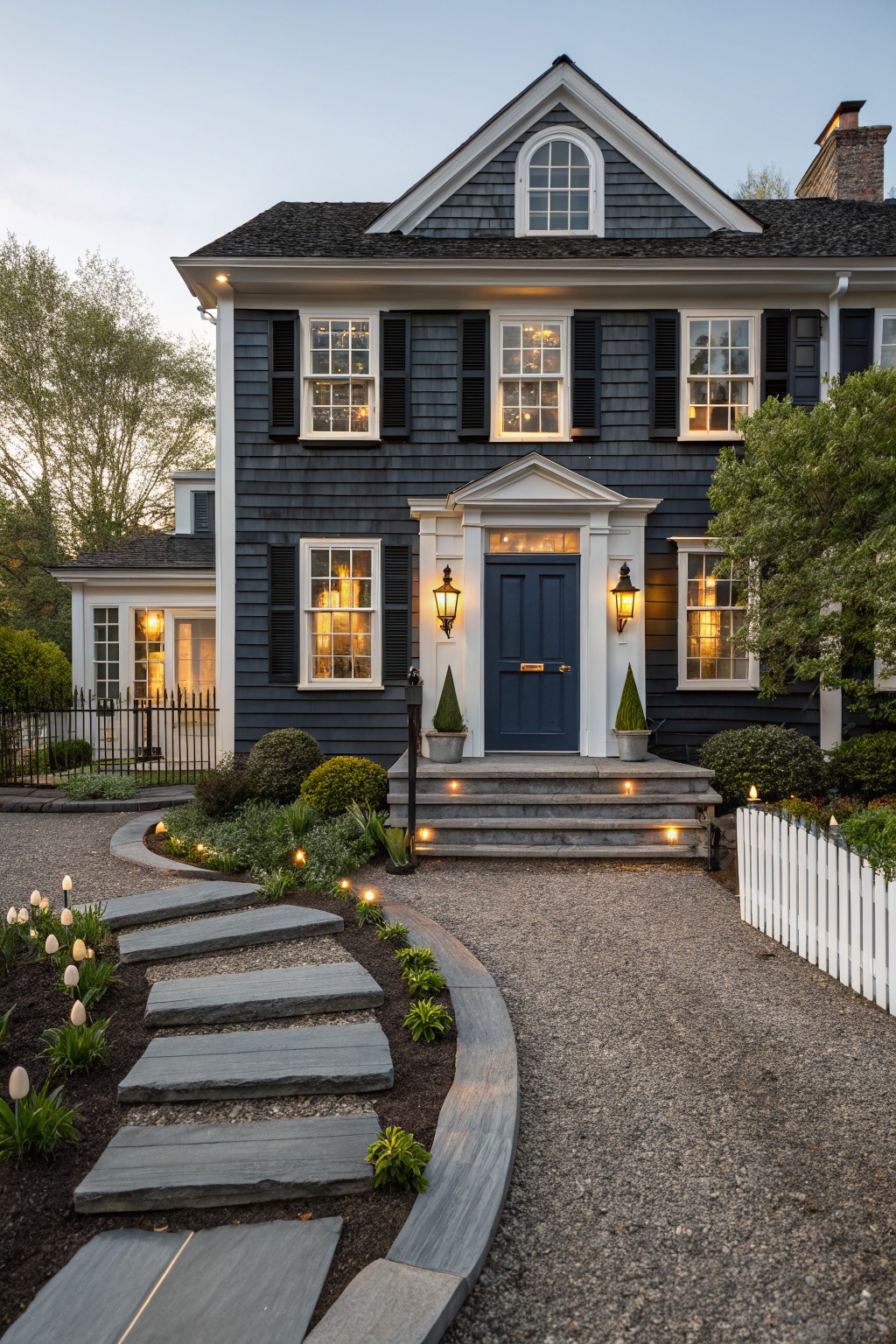 Dark gray shingle-clad house exterior with white trim, navy blue front door flanked by lanterns, stone steps, gravel driveway, tulip-lined stone pathway, and landscaping at dusk.