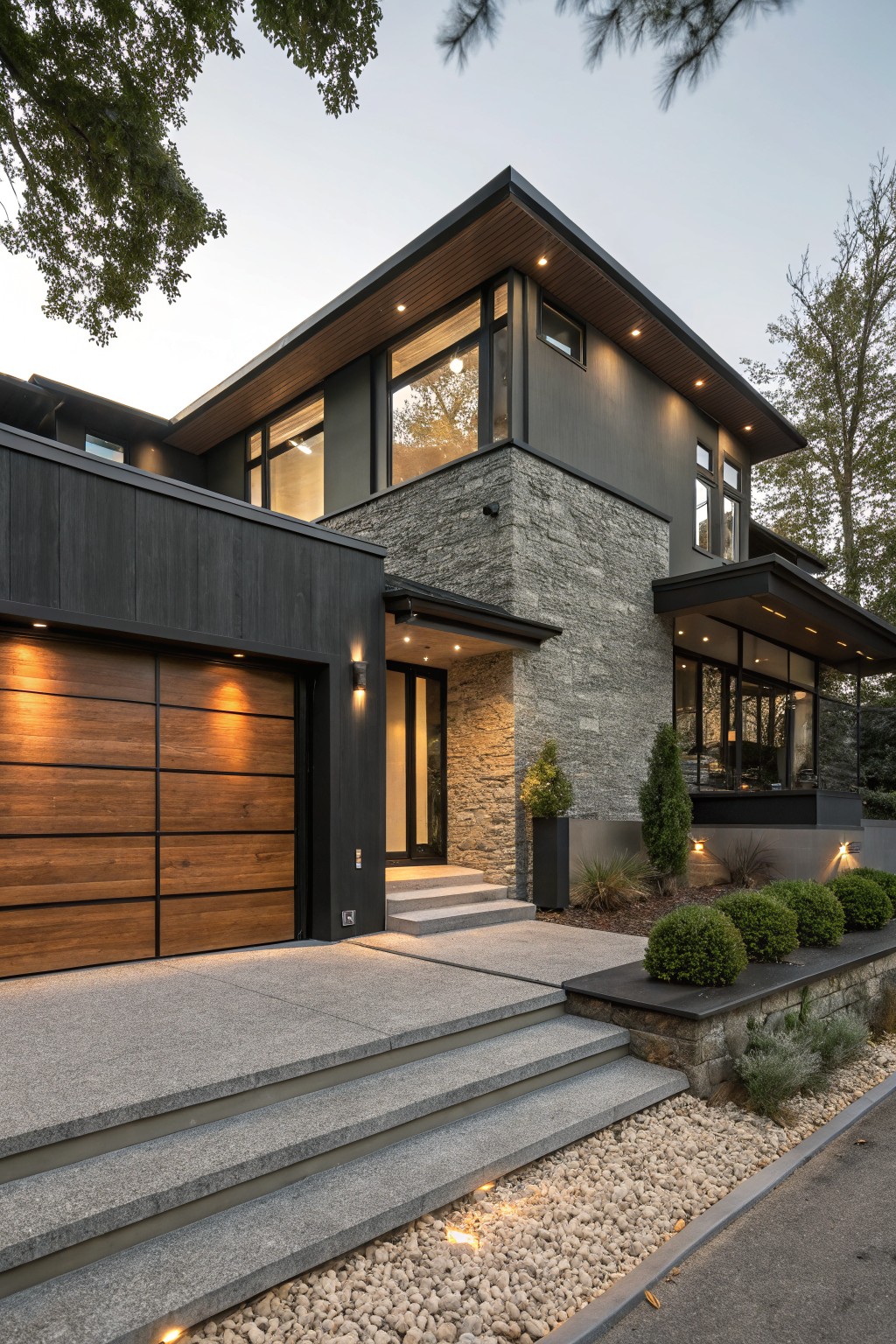 Modern two-story house exterior with dark gray wood cladding, light gray stone on the corner wall, wooden garage door, large windows, concrete entry steps, and low shrubs along the front.