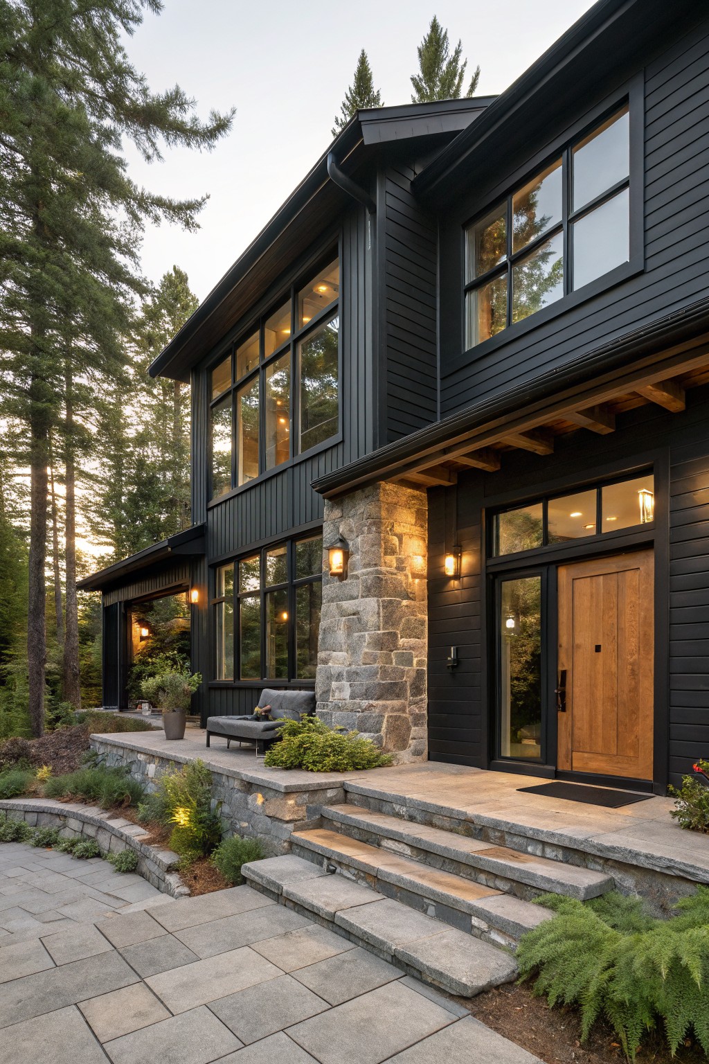 Two-story dark gray vertical board-and-batten house exterior with large black-framed windows, a tall stone pillar beside the wooden entry door, flanked by glass panels and lanterns, stone steps, and surrounding pine trees and plants.