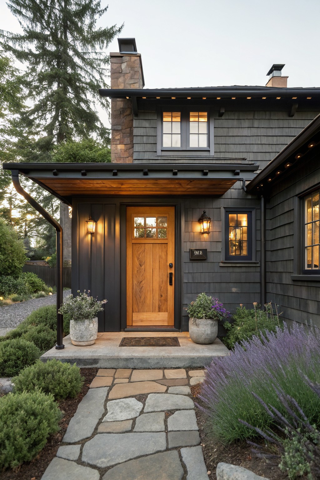 Dark gray shingle house exterior featuring a wooden front door with glass panels under a covered porch, flanked by wall lanterns, with potted plants, lavender bushes, and a stone pathway leading to the entry.