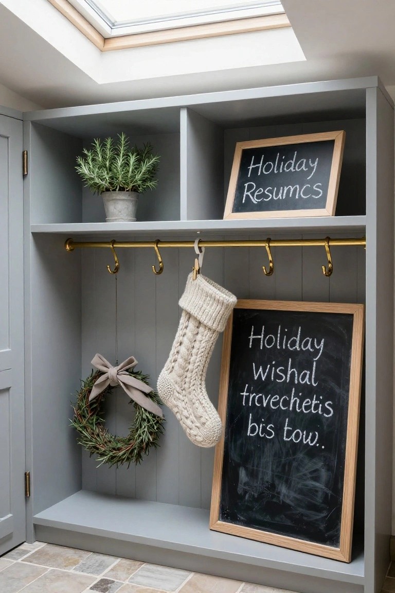 Gray built-in cabinet with open shelves holding a potted rosemary plant and two framed chalkboards labeled with holiday messages, brass hooks below supporting a white knit stocking and clothespins, and a greenery wreath hanging nearby in a room with a skylight.