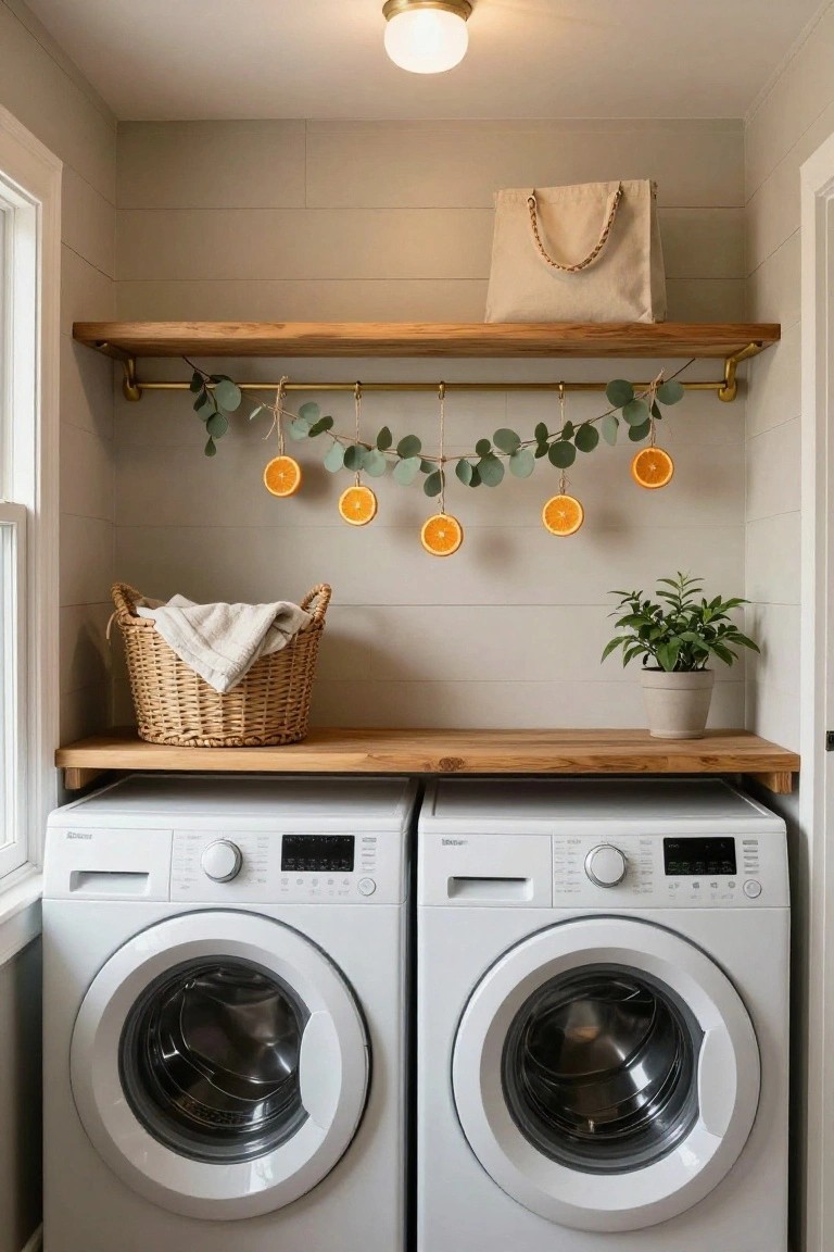 Laundry room with two white front-loading washers and dryers below a wooden countertop shelf holding a wicker basket of towels and potted plant, gold pipe shelf above with beige tote bag and hanging eucalyptus garland strung with dried orange slices, neutral shiplap walls.