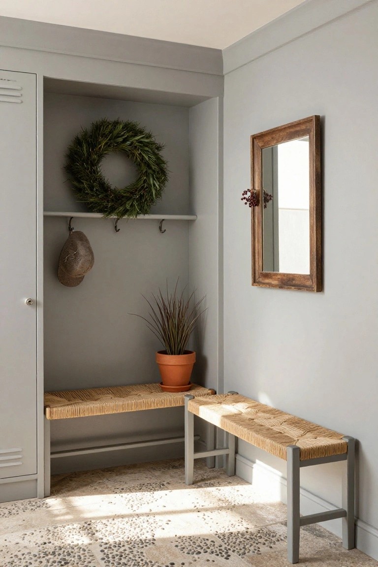 Gray metal locker alcove with open door, green wreath on shelf, brown hat on hook, orange potted grass plant, two rattan benches in corner, wood-framed mirror on wall, and pebble tile floor.