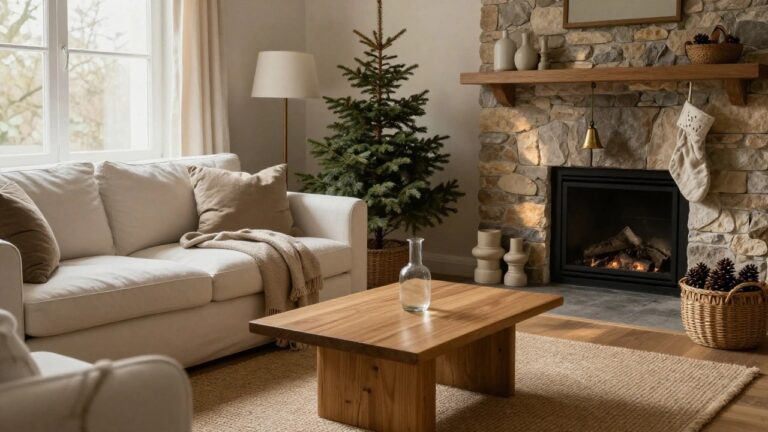 Neutral living room with green Christmas tree beside beige stone fireplace, cream sofa with beige throw, wooden coffee table holding glass of water and bowl of pinecones, seagrass rug, and window with white curtains.