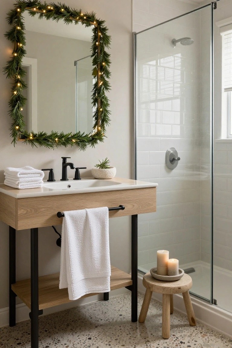 A square bathroom mirror framed by green evergreen garland strung with small white lights, above an oak vanity with black faucet, white towels, and a glass shower enclosure beside it.