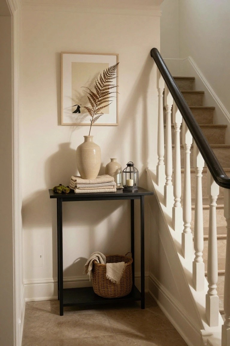 Black metal console table in a light beige hallway corner beside a dark wood staircase, holding stacked beige linens, tall and small ceramic vases, moss, lantern, and a woven basket with linens on the lower shelf.