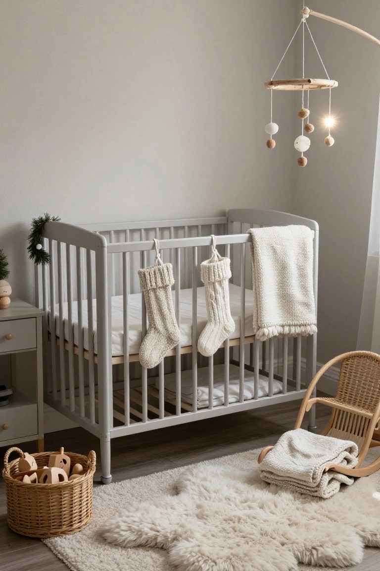 Light gray nursery room with a wooden crib holding white bedding and two large white knit Christmas stockings draped over the side rails, a wooden mobile hanging above, small greenery garland on the crib, wooden toys in a wicker basket, a rocking chair with a blanket, and a white star-shaped shag rug on the floor.