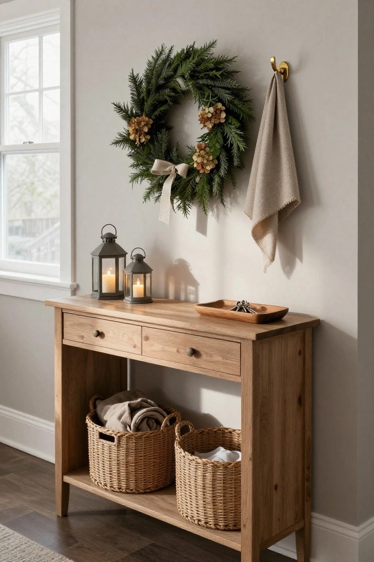 Wooden console table with two drawers and lower shelf holding two wicker baskets with folded linens, topped with two gray lanterns and a wooden tray of keys, next to a wall-mounted evergreen wreath with dried flowers and a hanging beige towel in a light gray room.