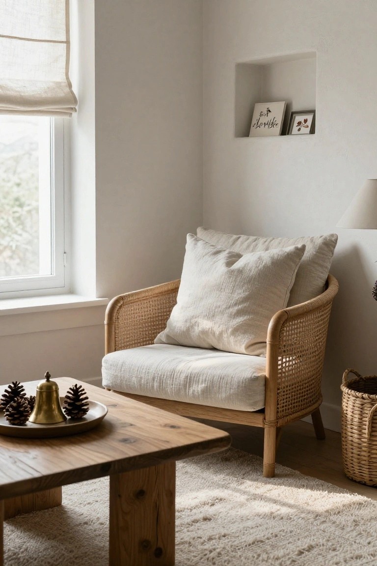 Beige rattan armchair with cream cushions in a white-walled corner by a window, wooden coffee table with pinecones, brass bell on a tray, lamp, woven basket, and neutral rug.