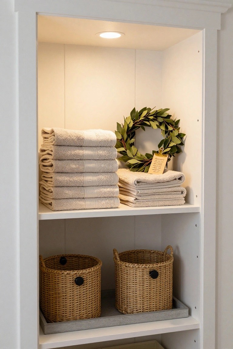 Open white wooden cabinet with recessed lighting displaying stacked beige embroidered towels on upper shelves, eucalyptus wreath with gold tag on middle shelf, and two black-handled seagrass baskets on lower shelf above a gray tray.
