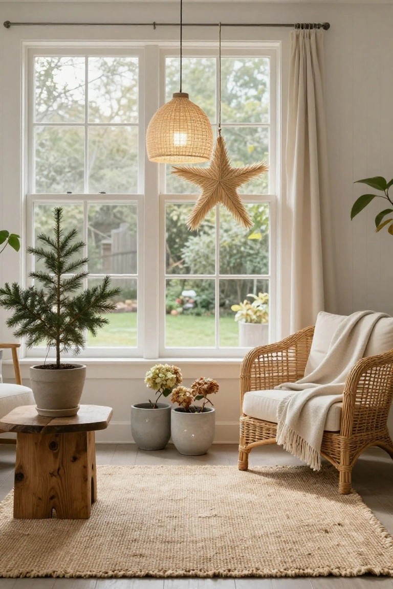 Bright living room corner with large windows showing garden view, rattan armchair draped in white throw blanket, small potted pine tree in gray pot, low wooden coffee table, potted plants including dried hydrangeas, woven rattan pendant light, and large hanging woven starfish decoration.