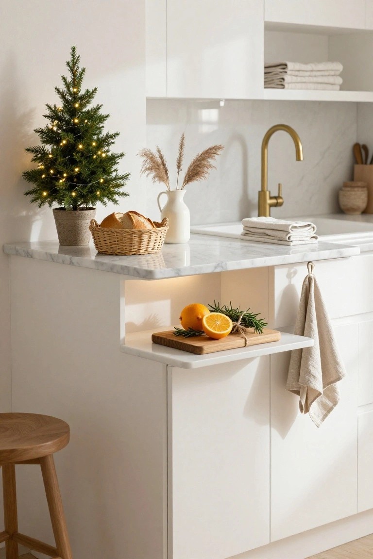 White modern kitchen counter with small potted lit Christmas tree, woven basket of baguette loaves, white vase, pampas grass, gold faucet, wooden cutting board holding sliced oranges and rosemary sprigs, linen towels, and wooden stool.