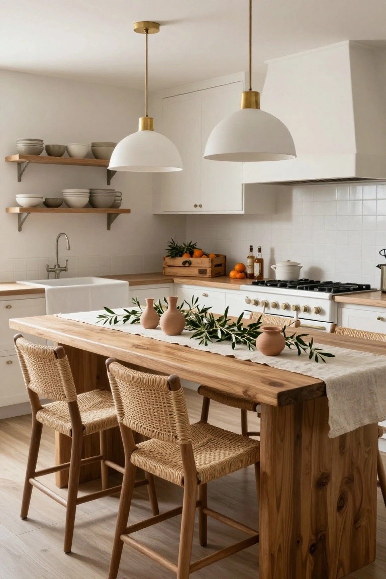 A neutral-toned kitchen with white cabinets, a farmhouse sink, wooden island topped by a linen runner with olive branches in terracotta vases and rattan bar stools.