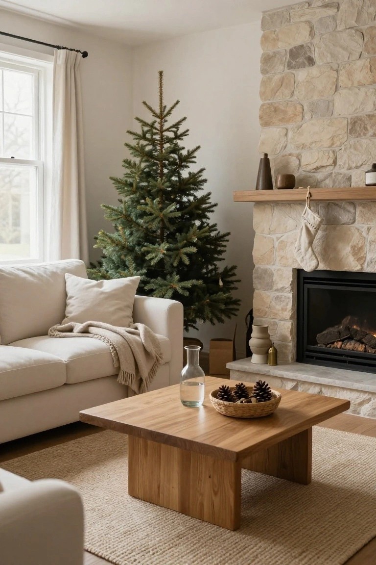 Neutral living room with green Christmas tree beside beige stone fireplace, cream sofa with beige throw, wooden coffee table holding glass of water and bowl of pinecones, seagrass rug, and window with white curtains.