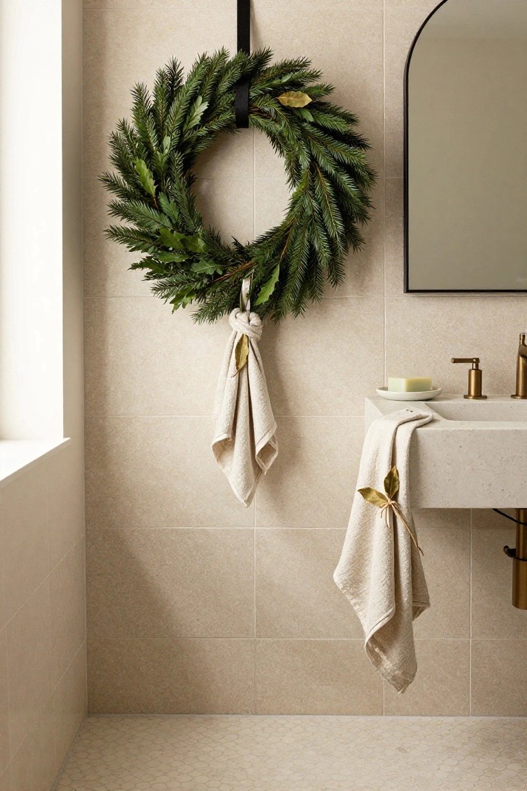 Beige-tiled bathroom with arched mirror, green evergreen wreath hanging on wall, neutral towels with gold leaves draped on hooks and sink, soap dish on counter.
