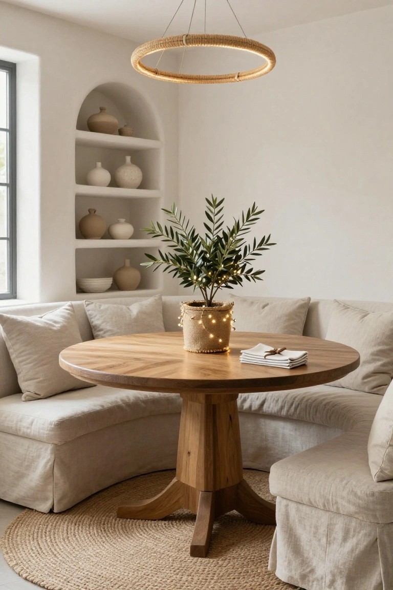 Round wooden pedestal table in a beige corner banquette with linen cushions, centered potted olive tree with fairy lights, neutral pottery on arched white shelves, rattan ring pendant light overhead, seagrass rug on floor.