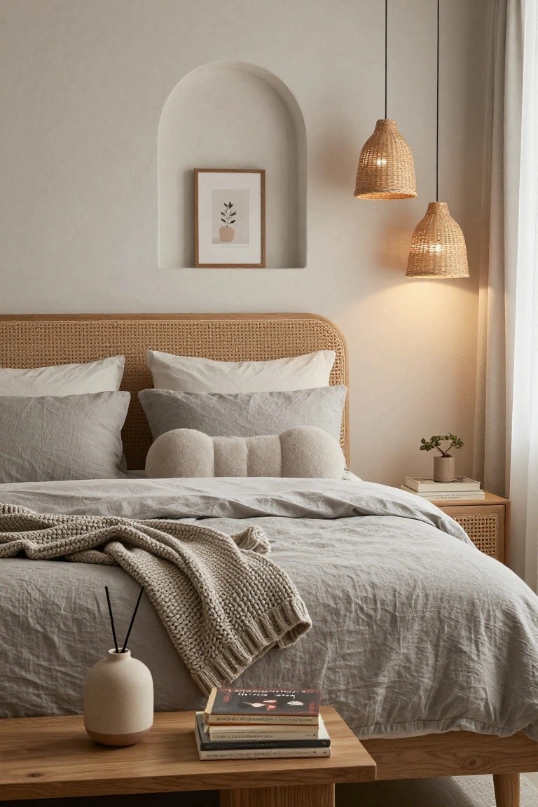 Bedroom with rattan headboard and matching nightstand, neutral gray linen bedding draped with a knit throw, wicker pendant lights above, arched wall niche with framed art, bedside table holding books plant vase and diffuser, light wood bench at bed foot.