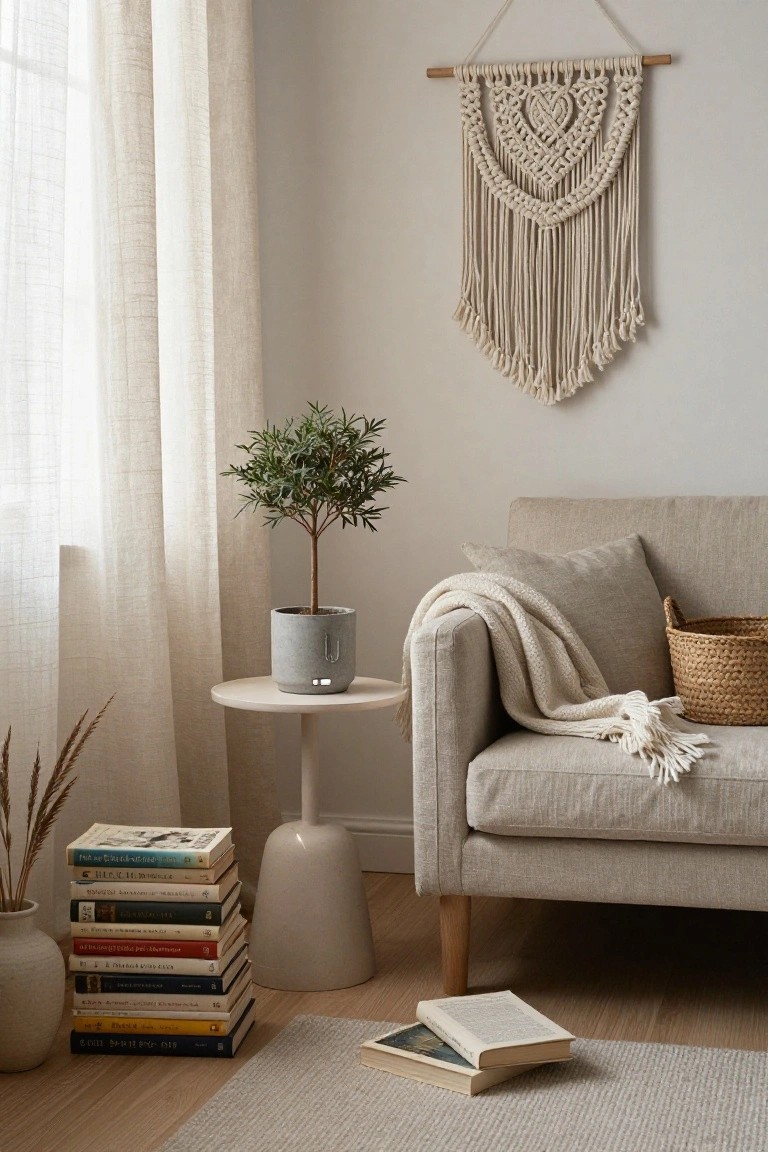 Cozy living room corner featuring a light beige sofa with cream throw and pillow, white side table holding gray potted olive tree, tall stack of assorted books on floor beside table, macrame heart wall hanging, sheer curtains on window, woven basket on sofa arm, pampas grass in vase, and light wood floor with gray rug.