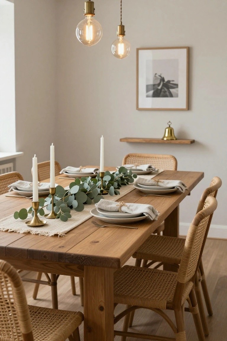 Dining room with rustic wooden table centered by eucalyptus garland runner, white candles in brass holders, neutral plates and napkins on beige placemats, rattan chairs, wall shelf with brass bell, and pendant lights above.