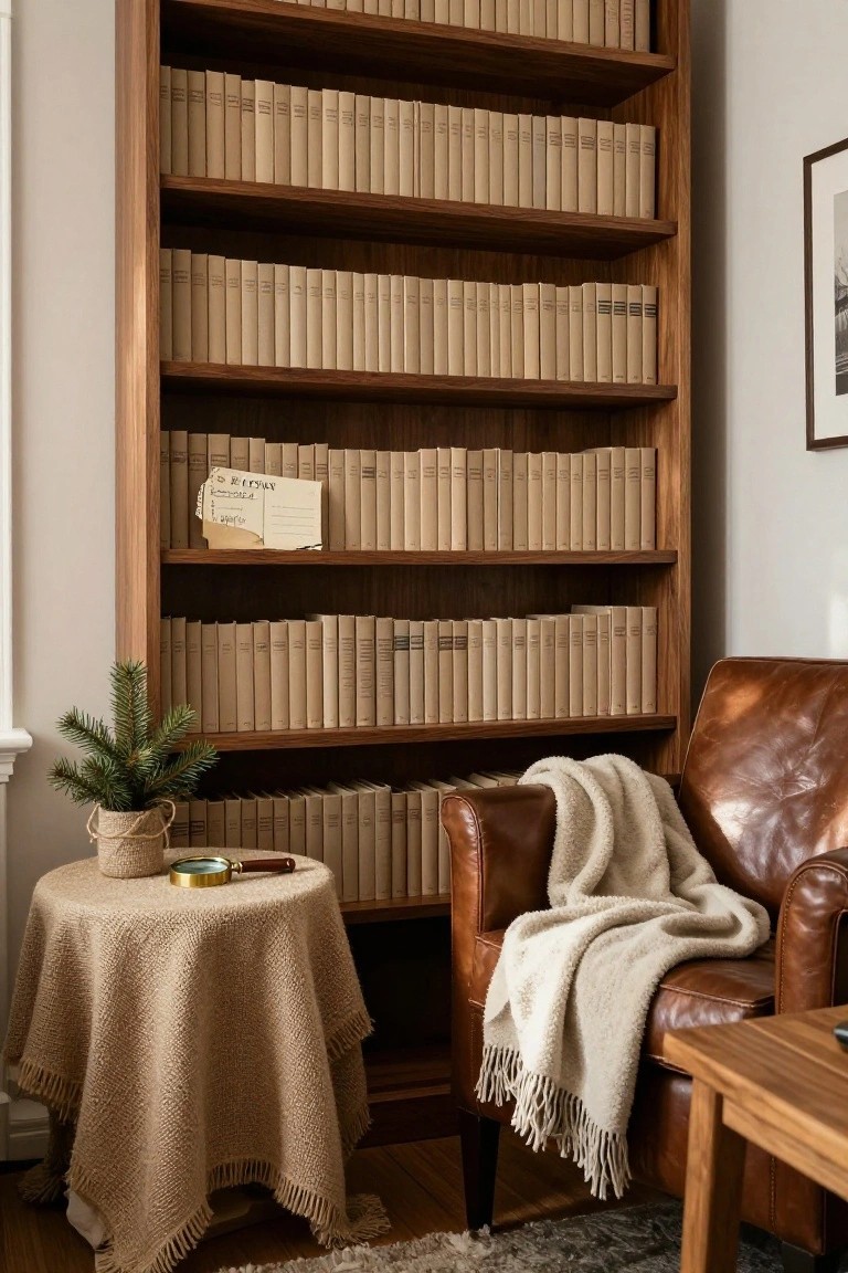 Tall wooden bookshelf filled with beige books, leather armchair draped with white throw blanket, small potted fir tree and magnifying glass on round woven table, in light room with side table and rug.