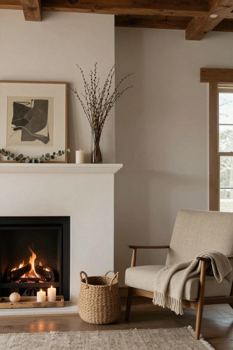 Cozy living room corner featuring a white fireplace mantel with eucalyptus garland, white candles, and pussy willow branches in a glass vase, beside a beige mid-century armchair with a cream throw and a woven seagrass basket on the wood floor.