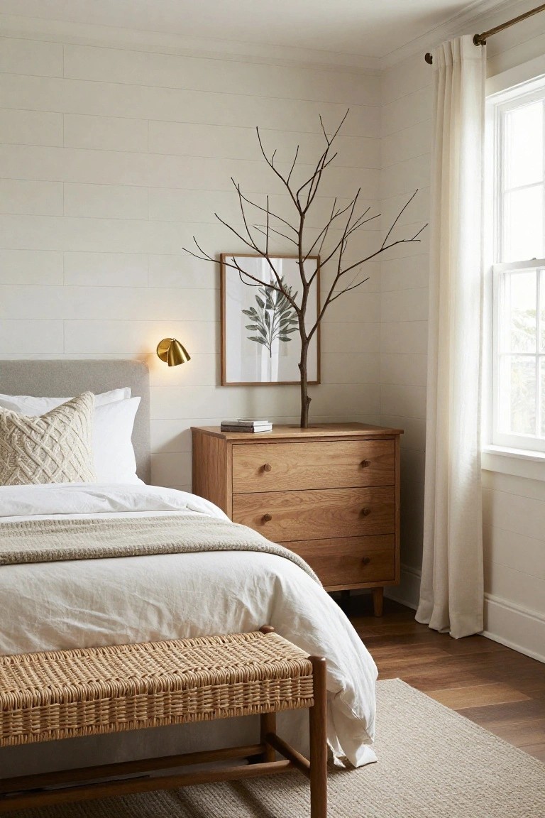 Bedroom corner with gray upholstered bed dressed in white linens and cream throw, oak three-drawer dresser holding a book and potted bare branch, rattan bench at bed foot, gold wall sconce, framed botanical print, shiplap walls, sheer curtains on window, wood floor, and neutral rug.