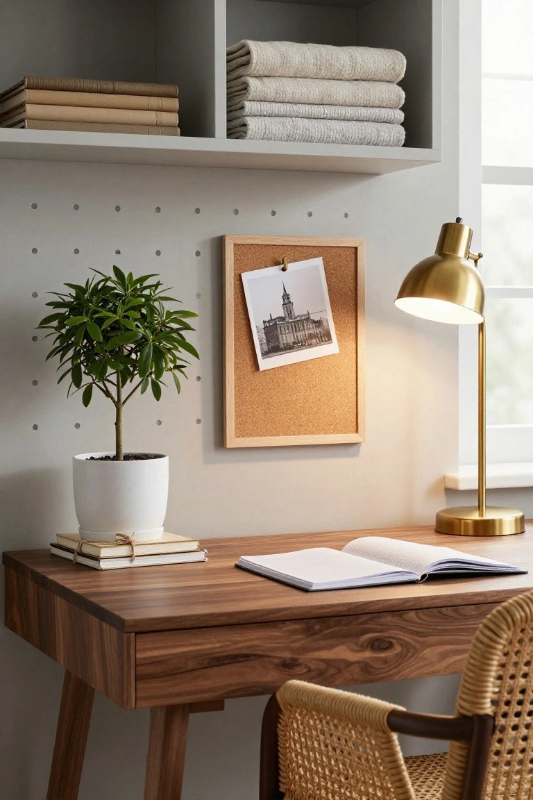 Minimalist home office with wooden desk, open notebook, gold lamp, potted plant, corkboard with photo, rattan chair, and neutral shelves holding books and folded towels.