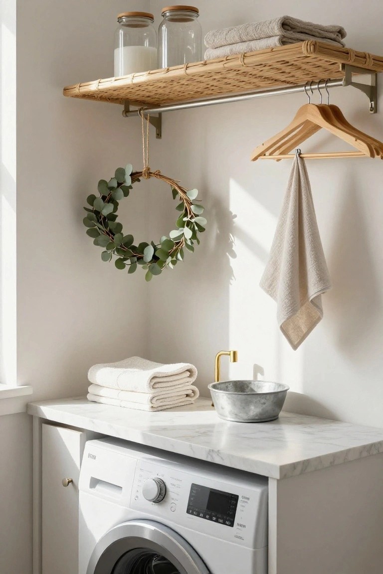 Bright laundry area featuring a washing machine, towels, a metal bowl, and decorative eucalyptus wreath.