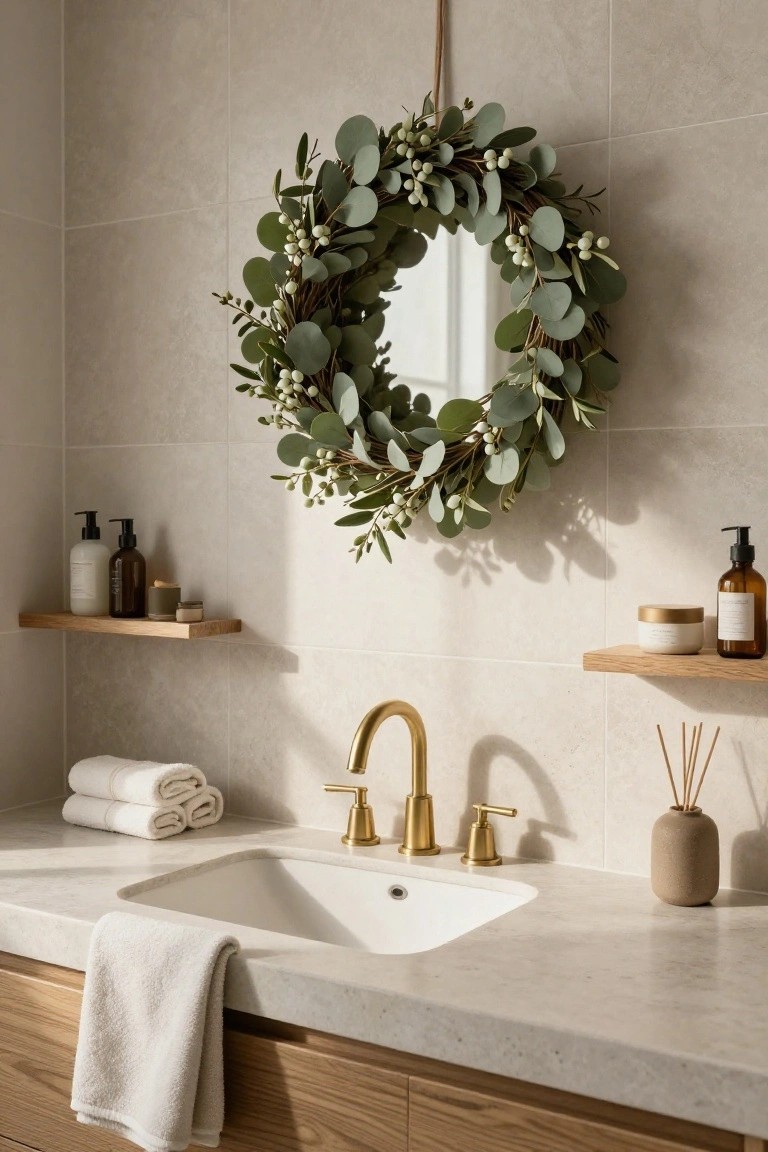 Bathroom vanity with white under-mount sink, gold faucet, folded white towels on the counter and shelf, wooden floating shelves holding lotion bottles and jars, reed diffuser, and a round mirror framed by a large eucalyptus wreath with white berries on a beige tiled wall.