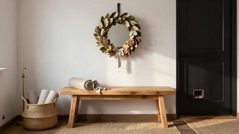 A neutral wreath of magnolia leaves, dried beige flowers, and a cream bow hangs on a white wall beside a black door, above a wooden bench with folded cream towels, a brass umbrella stand, and a seagrass basket.
