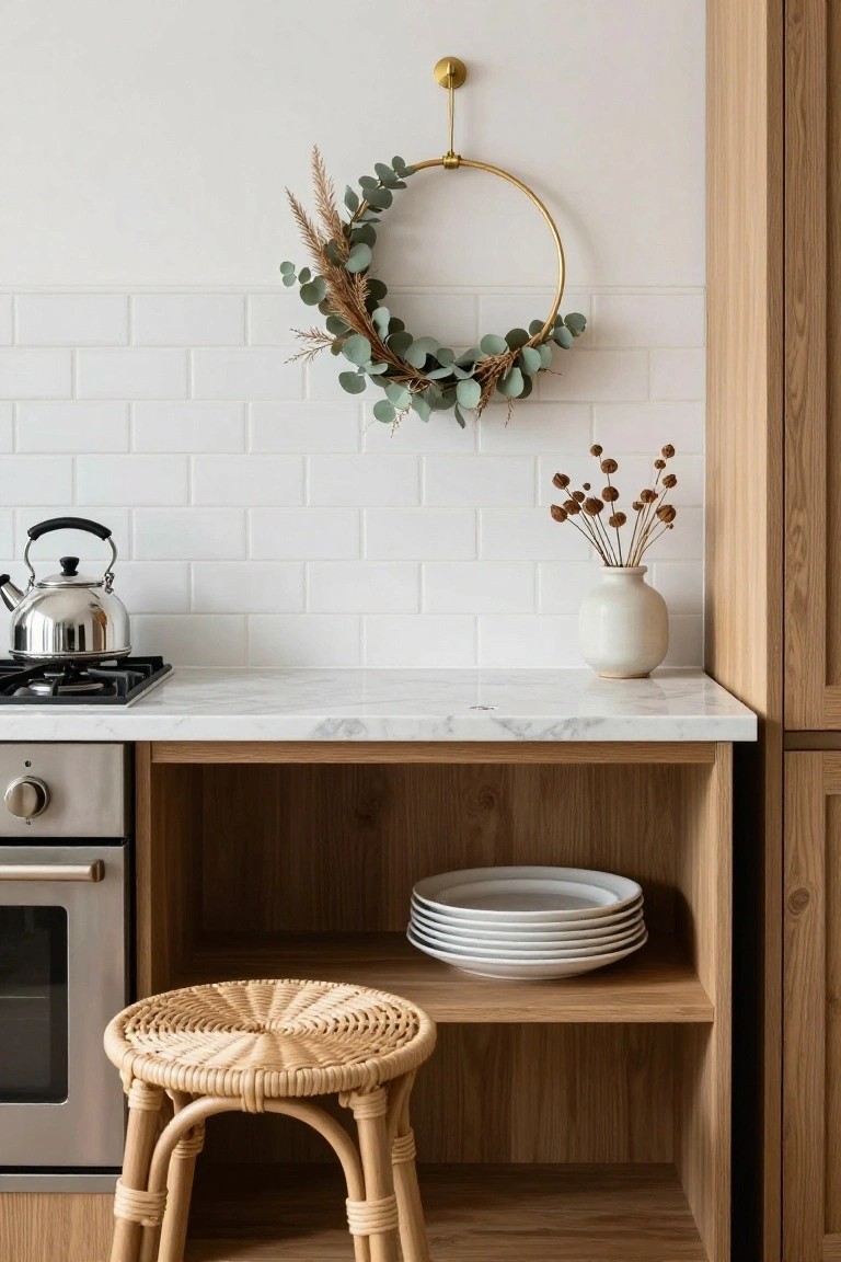 Modern kitchen with white subway tile backsplash, gold-hooped wreath of eucalyptus and pampas grass on wall, stainless kettle on gas stove, white marble counter, wooden open shelving with stacked plates, rattan stool, and oven below.