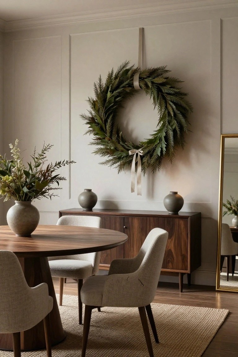 Modern neutral dining room with round walnut table and cream upholstered chairs, walnut sideboard holding gray ceramic vases and potted greenery, large textured evergreen wreath with cream ribbon hung high on beige paneled wall, and tall gold mirror nearby.