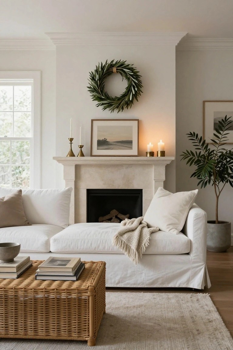 White slipcovered sofa with beige pillows and throw in a light living room featuring a beige stone fireplace mantel with brass candlesticks, framed artwork, and lit candles; olive leaf wreath hangs above mantel, rattan coffee table with books and bowl in front, potted plant nearby, neutral rug on wood floor.