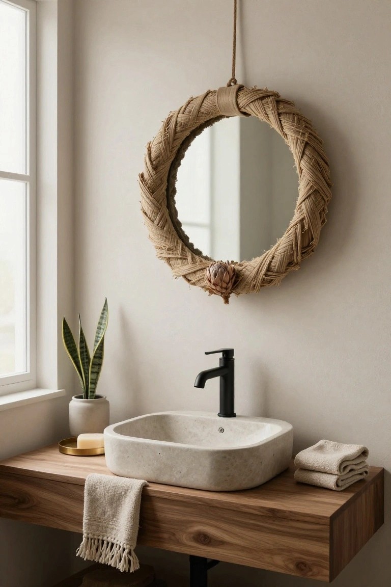 Modern bathroom with a round, woven mirror, stone sink, wood vanity, and plants.