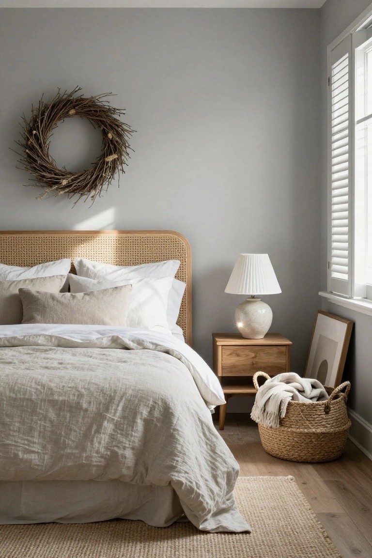Cozy bedroom with neutral bedding, wood furniture, a wreath, and soft natural lighting.
