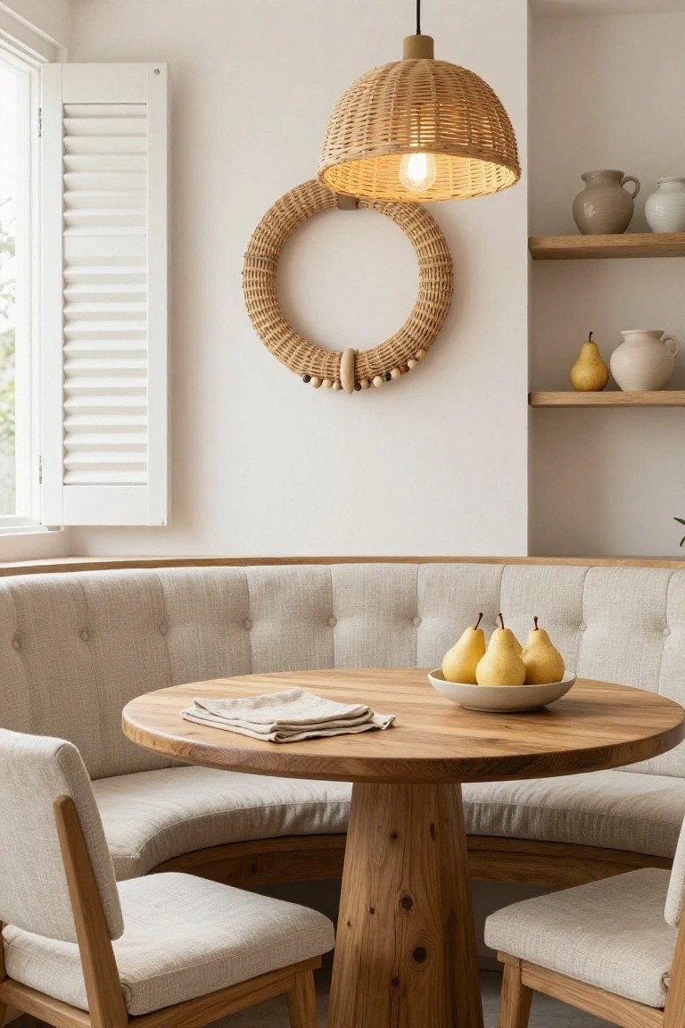 Beige tufted banquette seating in a light neutral room with a round wooden pedestal table holding a bowl of yellow pears, wooden chairs, woven pendant light, shelves with ceramic vases, and a large round woven rope wreath with beads hanging on the white wall next to shuttered windows.