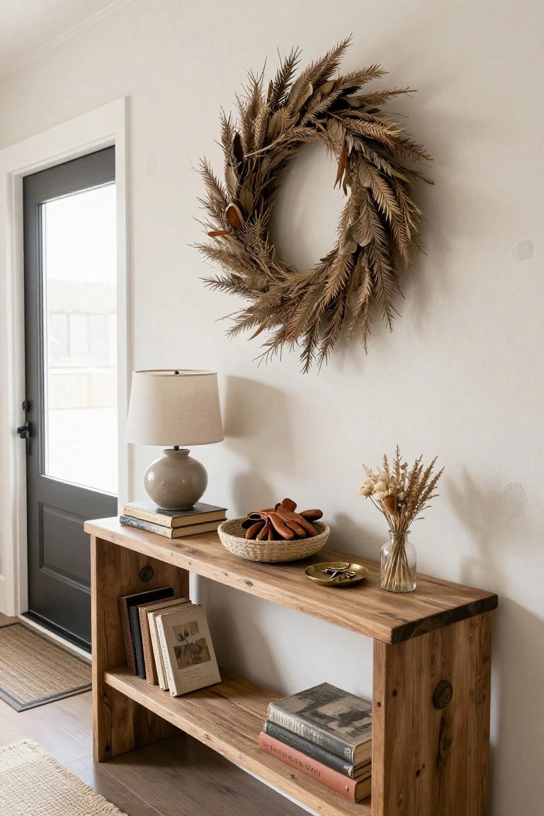Wooden console table with books, a lamp, and a decorative wreath on the wall.