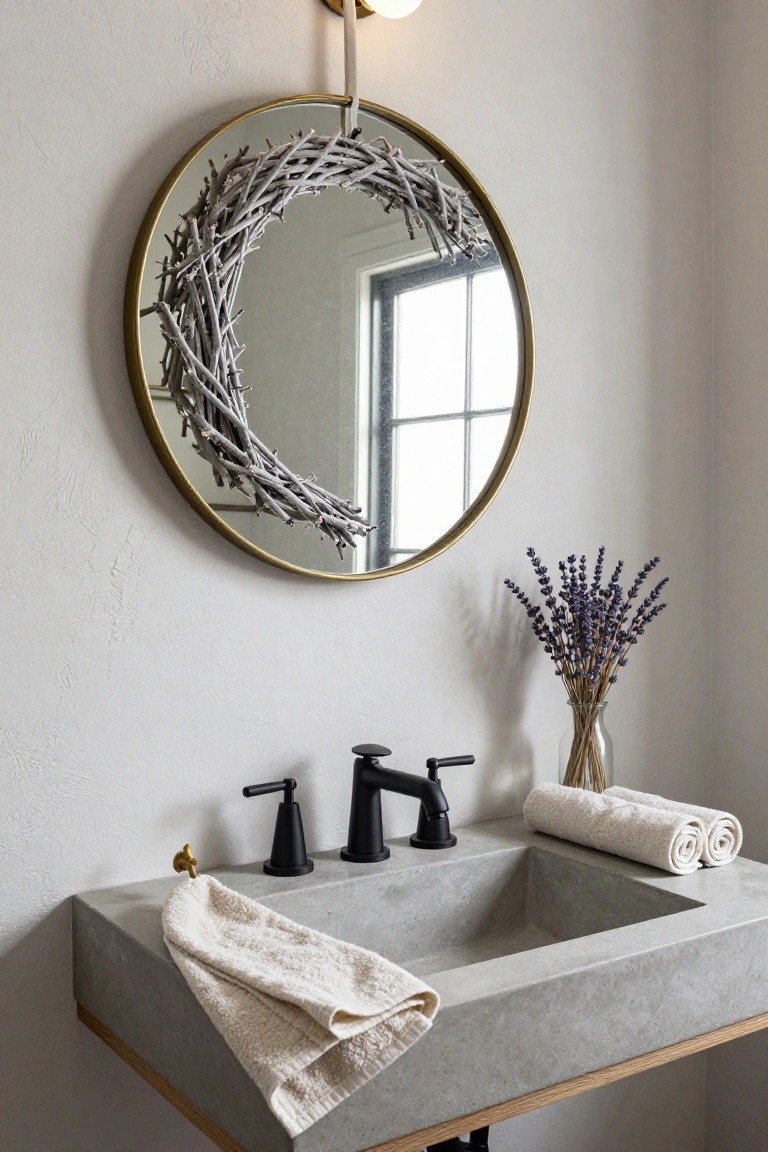 Bathroom vanity with gray concrete sink, black faucet, folded white towels, glass vase of lavender stems, and large round gold mirror decorated with white twig crescent wreath on white wall.