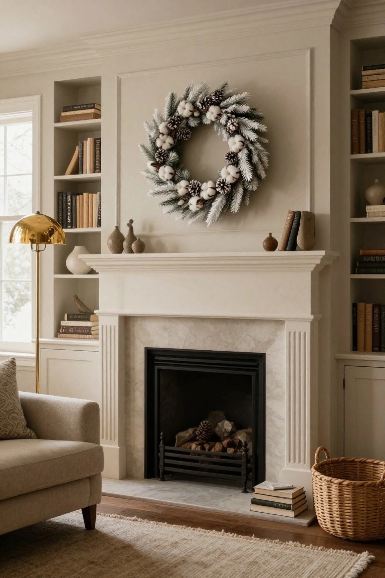 A neutral Christmas wreath with white pinecones, cotton bolls, and faux pine hangs above a white marble fireplace mantel flanked by beige built-in bookshelves in a light interior with a cream sofa nearby.
