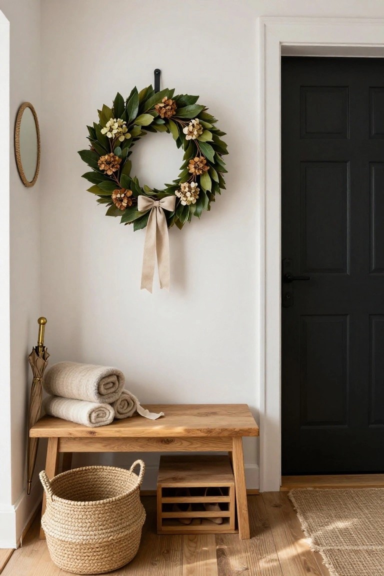 A neutral wreath of magnolia leaves, dried beige flowers, and a cream bow hangs on a white wall beside a black door, above a wooden bench with folded cream towels, a brass umbrella stand, and a seagrass basket.