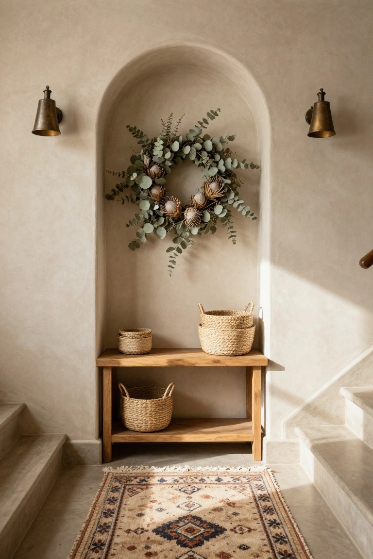 Arched niche in beige plaster wall displaying wreath of eucalyptus leaves and dried protea flowers, flanked by brass sconces, above wooden bench with two seagrass baskets, beside stairs and patterned rug on tiled floor.