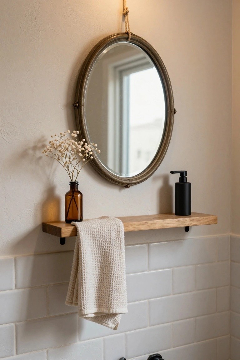 Round brass porthole mirror mounted on a beige wall above a floating oak shelf holding a brown glass bottle of baby's breath, black soap dispenser, and draped white towel, against white subway tile backsplash with black sink faucets below.