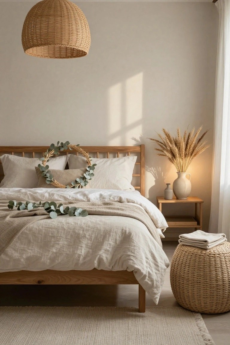 Bedroom interior with oak bed frame draped in white and beige linens, eucalyptus wreath hung on headboard, wheat stalks in a beige vase on wooden nightstand, rattan pendant light overhead, and cream rug on floor.
