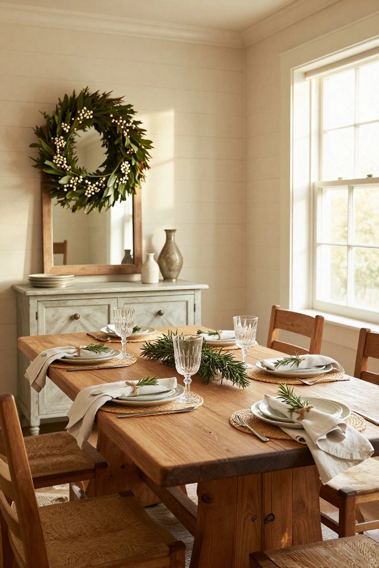 Dining room with light shiplap walls, wooden table set with neutral plates napkins rosemary sprigs wine glasses, grayish sideboard topped with vases and plates, wood-framed mirror with large eucalyptus wreath and white berries hanging above it, near a window.